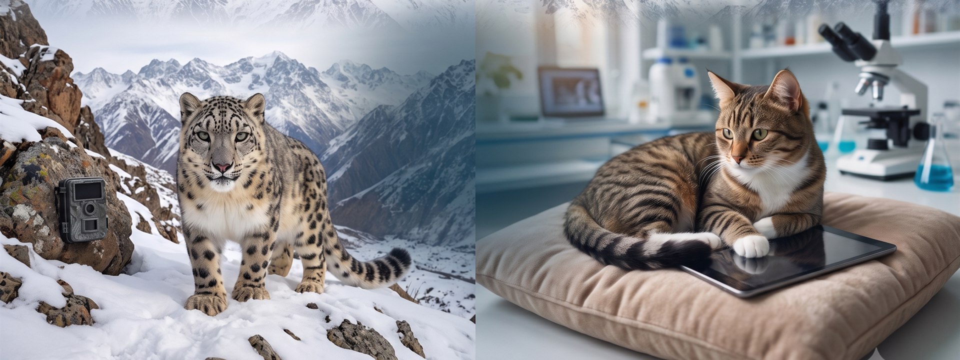 Snow leopard in Tian Shan mountains and domestic cat in laboratory education setting